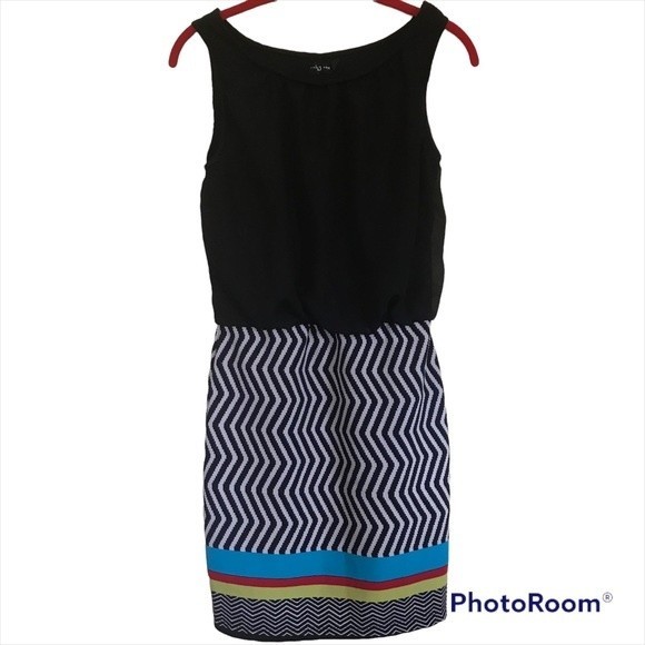 Ruby Rox Dress Sz S Black Top with Striped Bottom Blue Red Yellow - Picture 2 of 7
